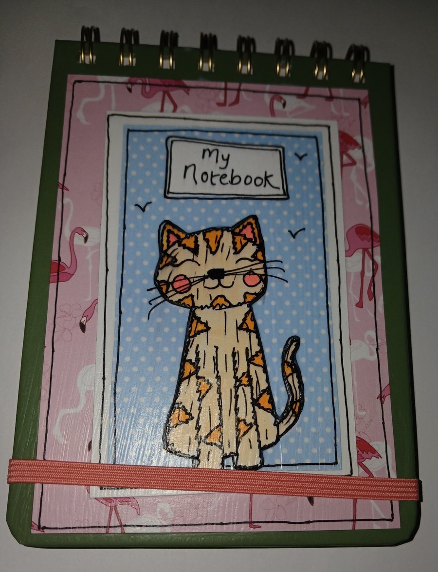 Quirky art, whimsical A6 flipover notepad,  hand decorated with a cute cat