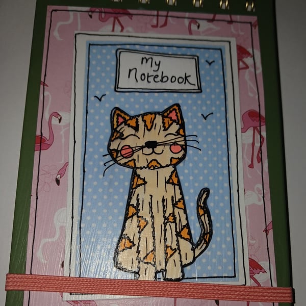 Quirky art, whimsical A6 flipover notepad,  hand decorated with a cute cat