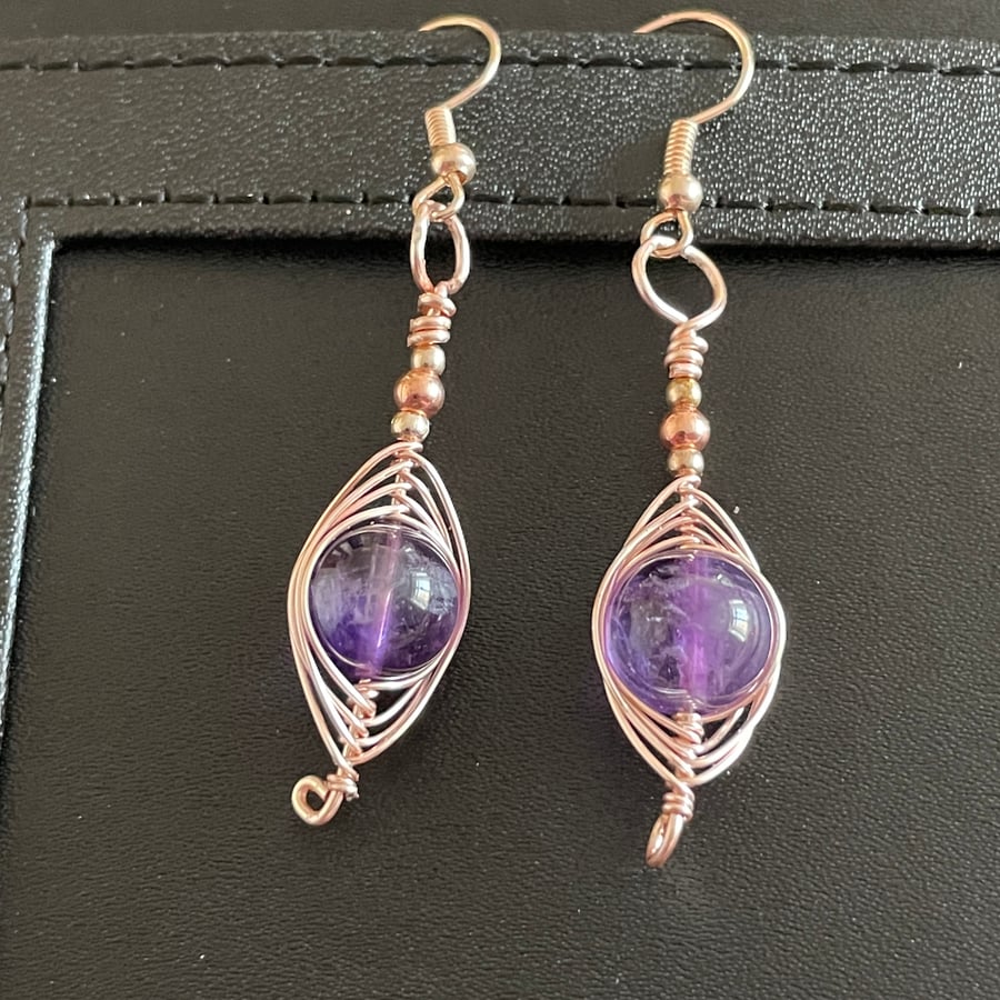 Natural Amethyst Gemstone Earrings in Rose Gold Copper