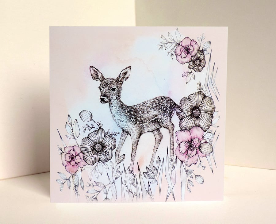 Pink Watercolour Fawn Deer Floral Greetings Card 