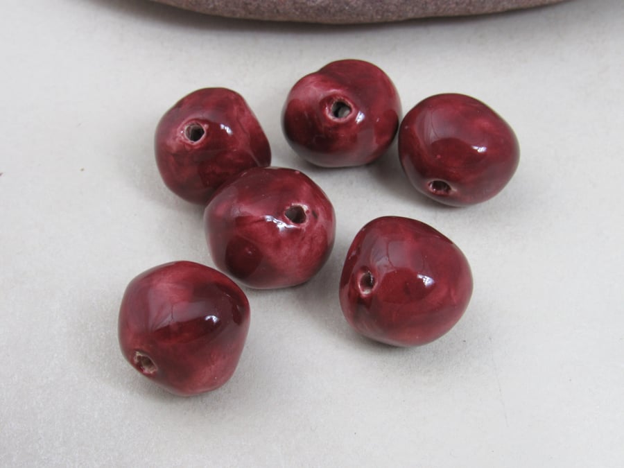 6 Medium Rose Red Glazed Clay Beads