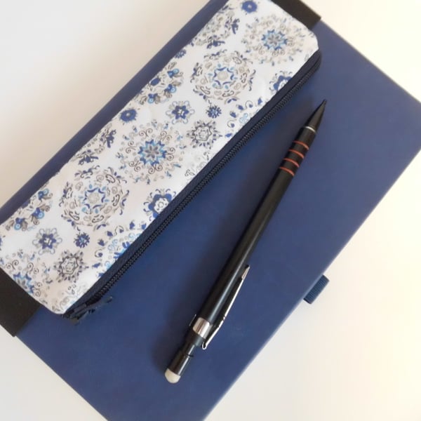  Elasticated pencil case for cover of book diary journal blue and white
