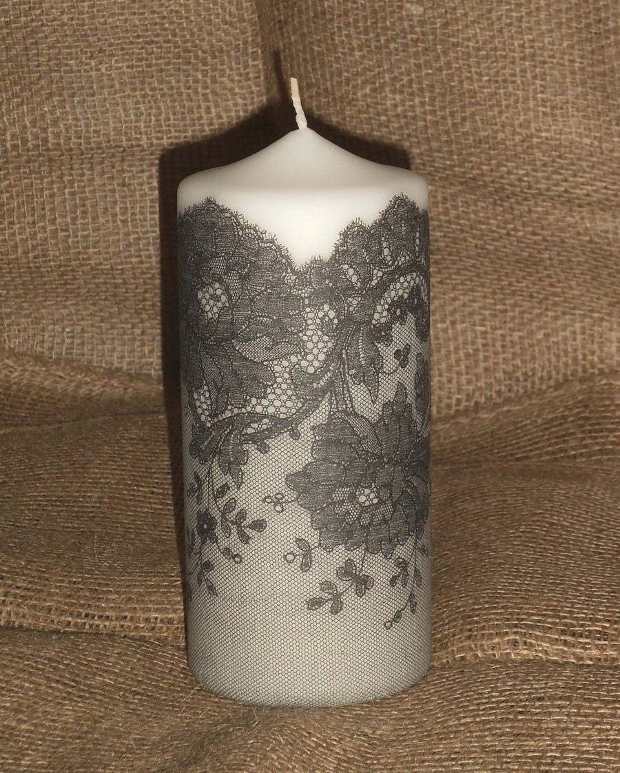 Decorated candle Black White Lace napkin decoupage Ladies Delicate Unusual