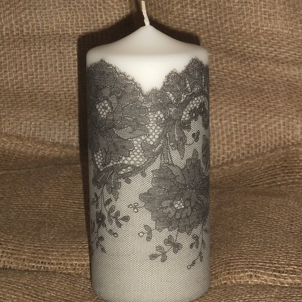 Decorated candle Black White Lace napkin decoupage Ladies Delicate Unusual