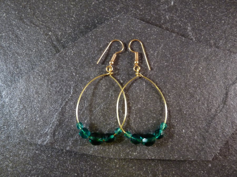 Large Hoop Earrings - Teal Faceted Glass - 40mm - Gold Colour
