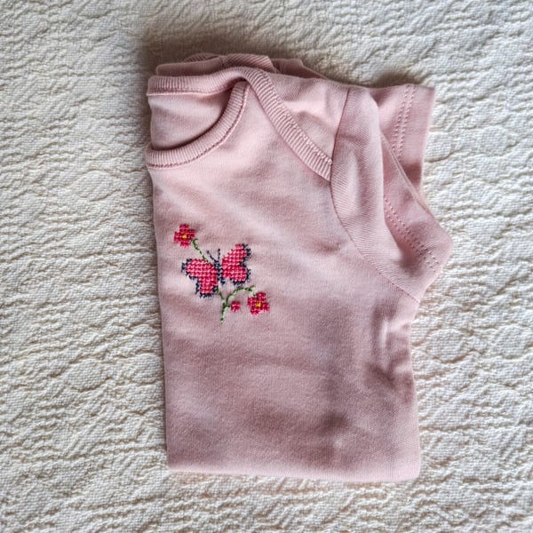 Butterfly, baby vest, age 0-3 months, hand embroidered