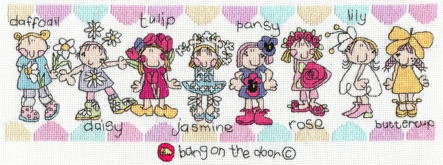 Bang on the door - flower girls party cross stitch kit