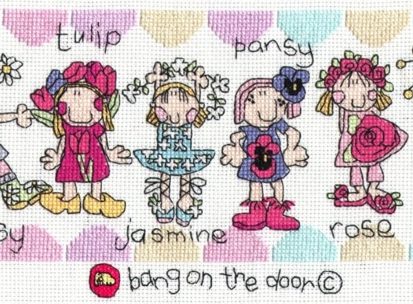 Bang on the door - flower girls party cross stitch kit