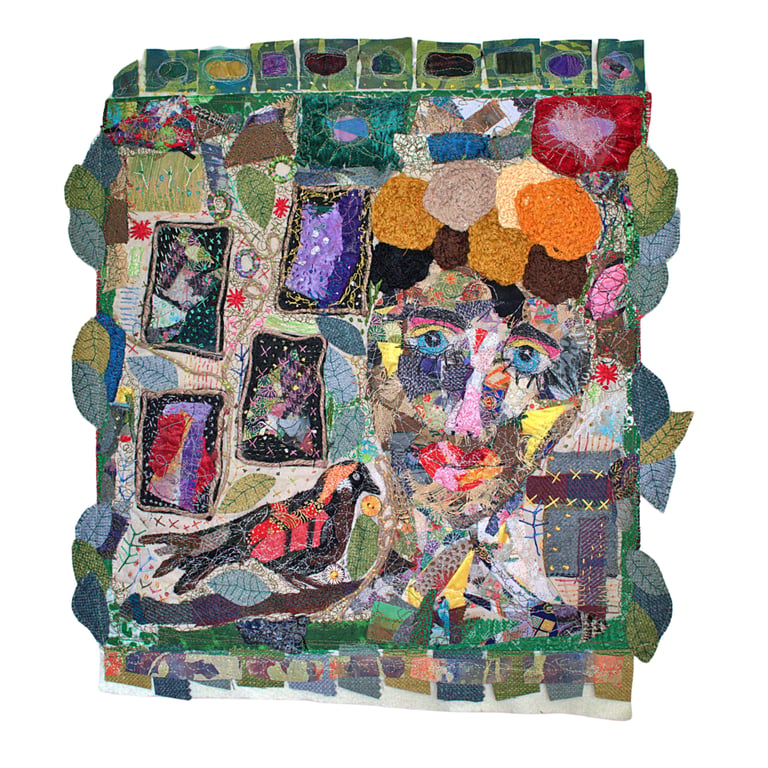Original textile collage - wall hanging - folk art - songbird - eco gift