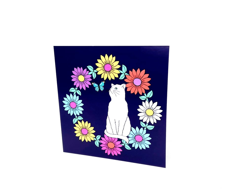 Cute White Cat looking at Butterfly in Daisy Chain Greetings Card