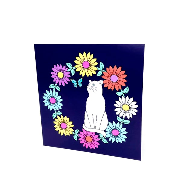 Cute White Cat looking at Butterfly in Daisy Chain Greetings Card