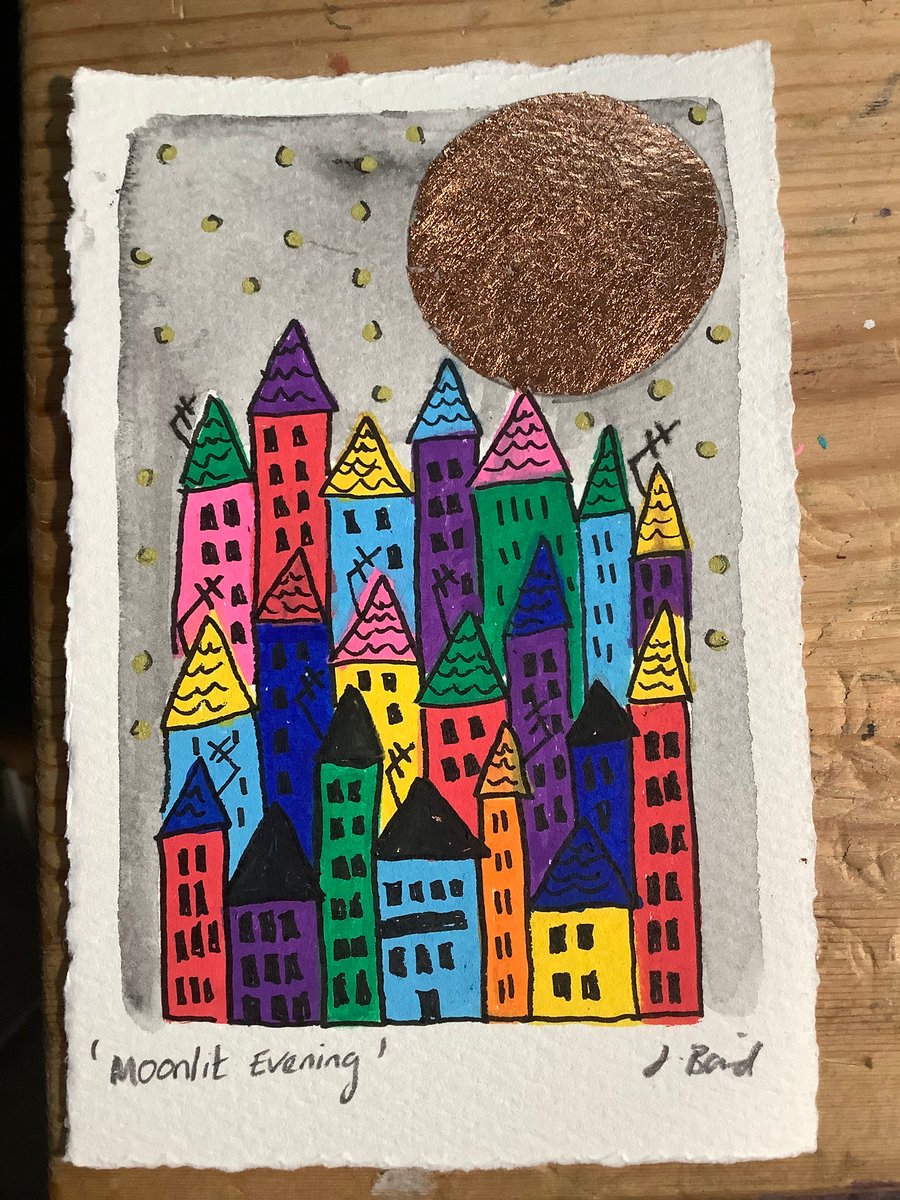 Original drawing. Moonlit evening. Bright, colourful. Houses. Moon 