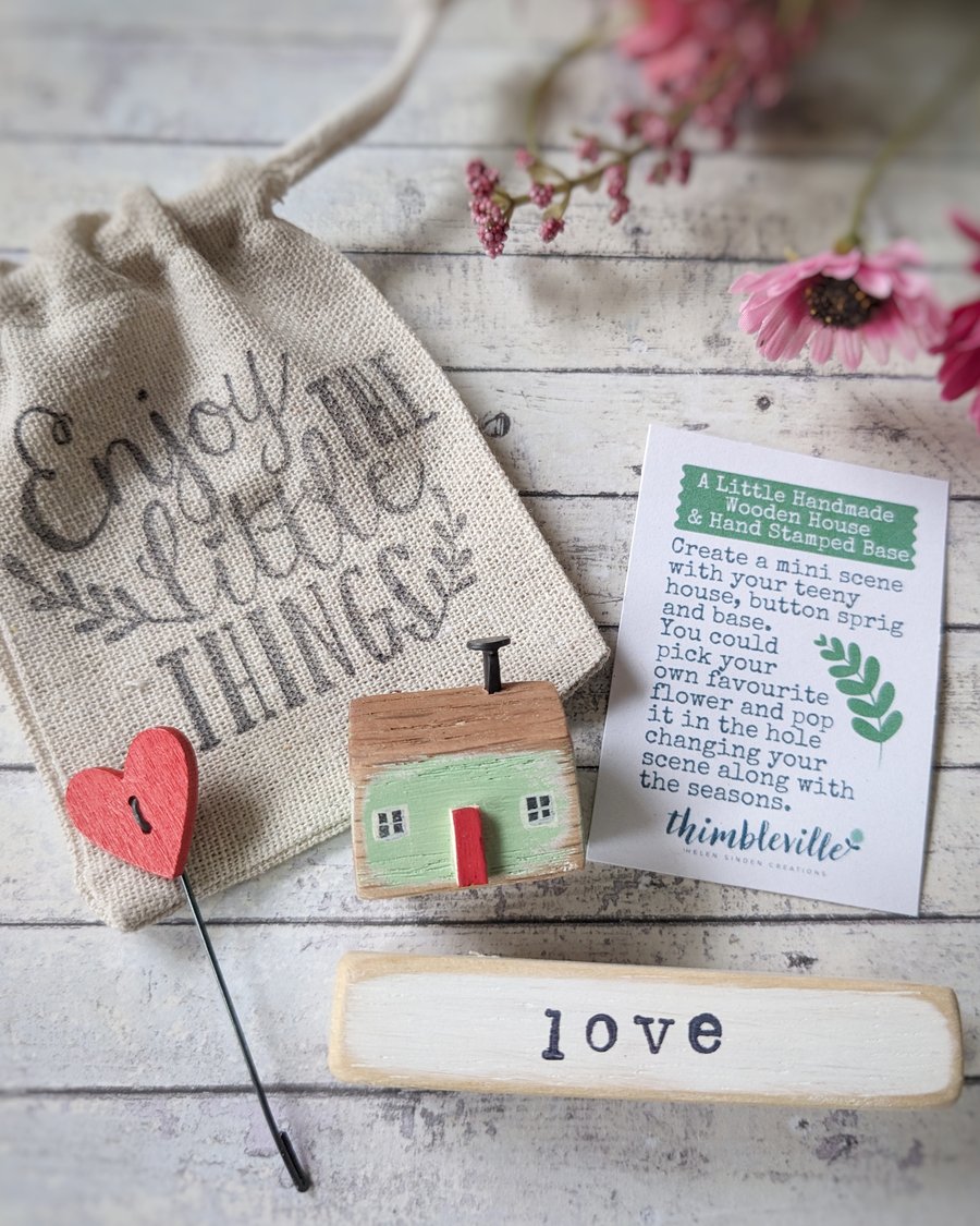 Little Wooden Handmade House and Base in a Bag - love