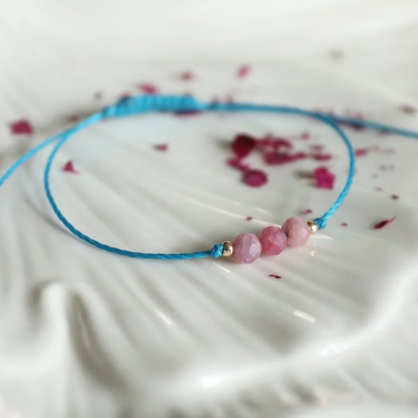 Delicate bracelet with Pink Tourmaline in turquoise colour cord