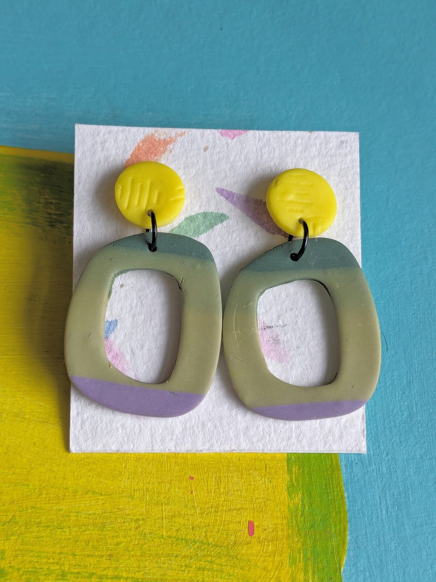 Statement dangly earrings, bright yellow, green and purple, polymer clay earring