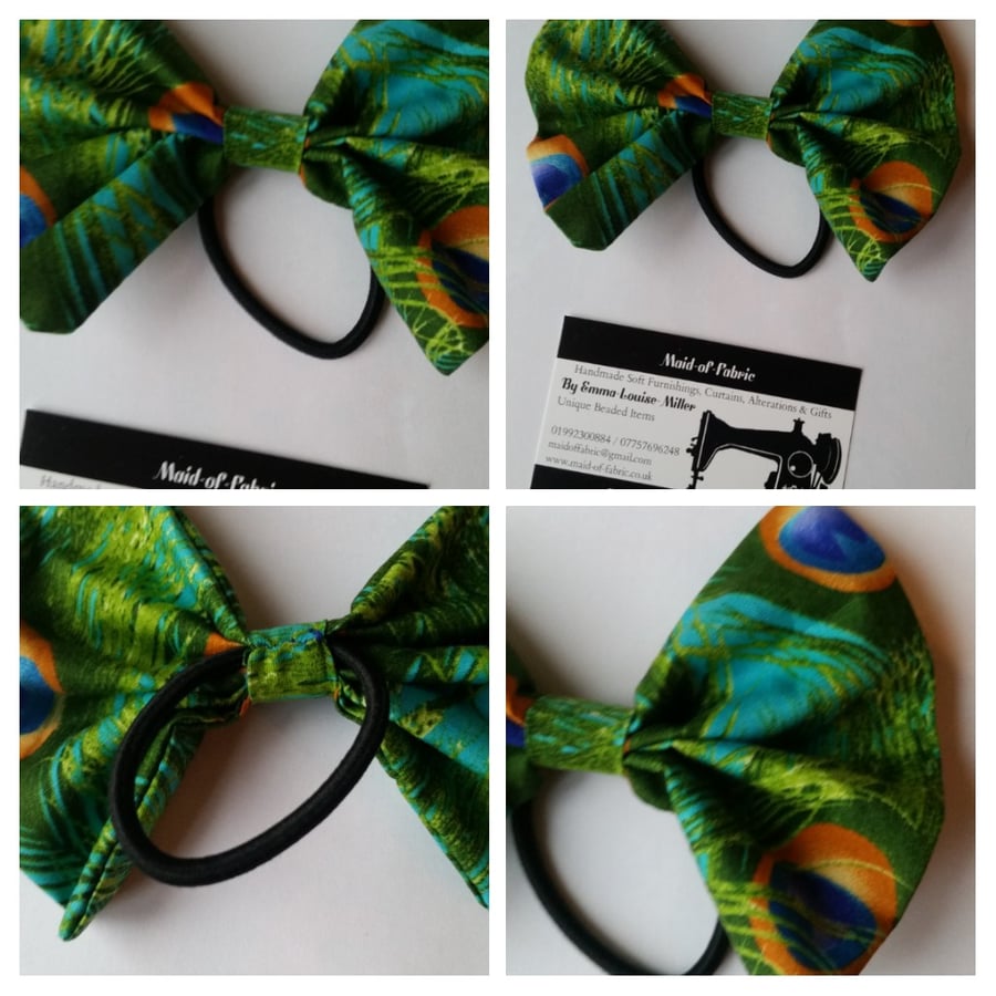 Hair bobble bow band in peacock fabric. 3 for 2 offer.    