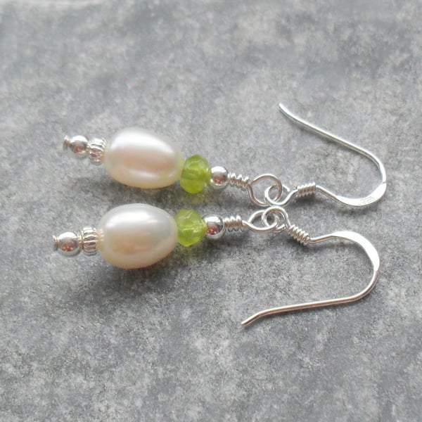 Freshwater Pearl Peridot Sterling Silver Drop Earrings