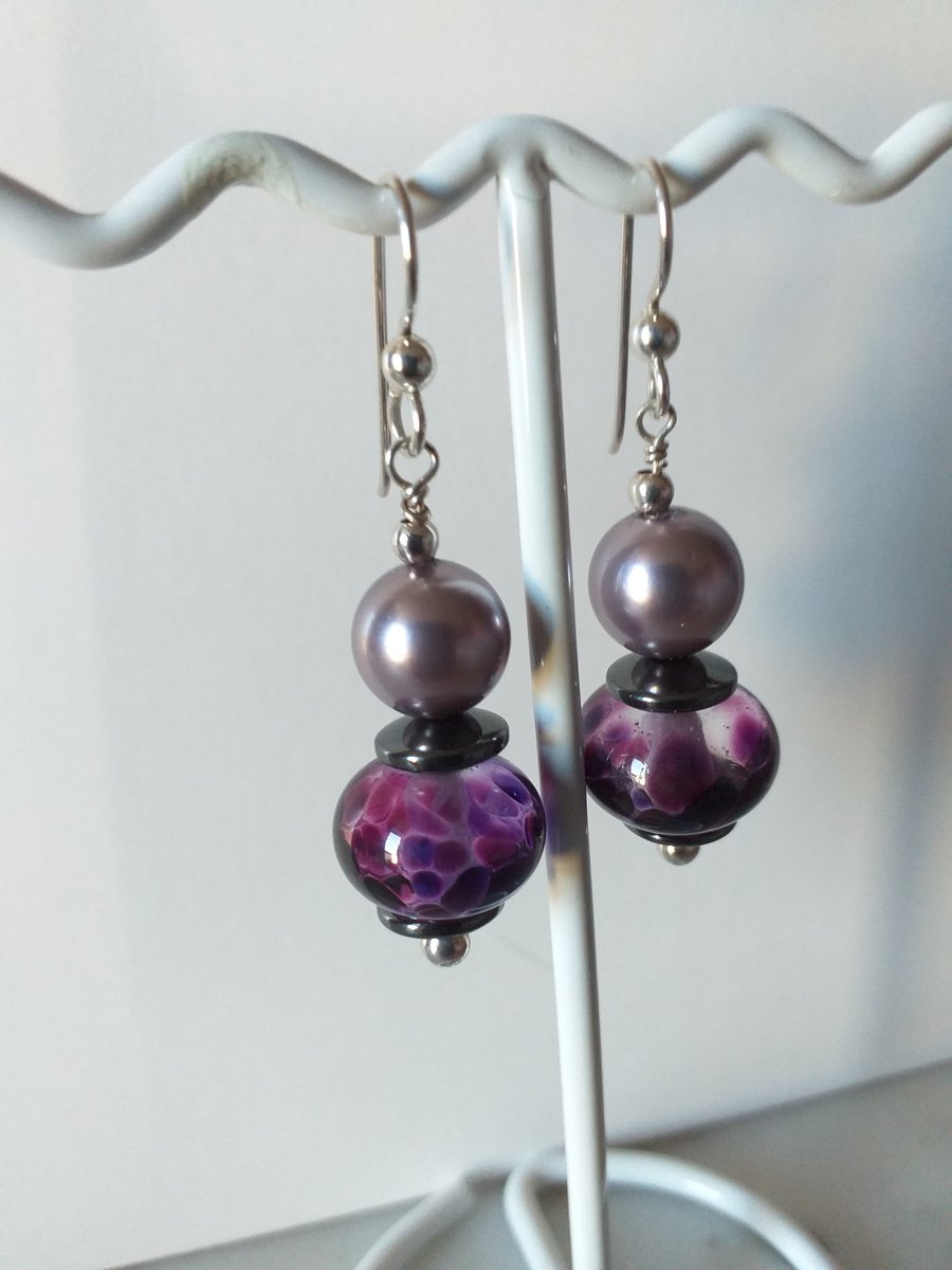 SALE - HALF PRICE - PURPLE AND GRAPE EARRINGS - LAMPWORK EARRINGS - FREE UK POST