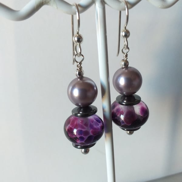SALE - HALF PRICE - PURPLE AND GRAPE EARRINGS - LAMPWORK EARRINGS - FREE UK POST