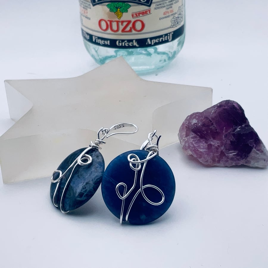 Silky sodalite and silver wire disc earrings