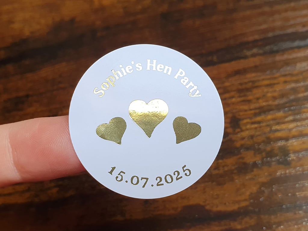 35 x Foiled Custom Personalised Hen Party Name & Date 37mm Stickers