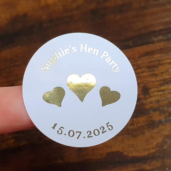 35 x Foiled Custom Personalised Hen Party Name & Date 37mm Stickers