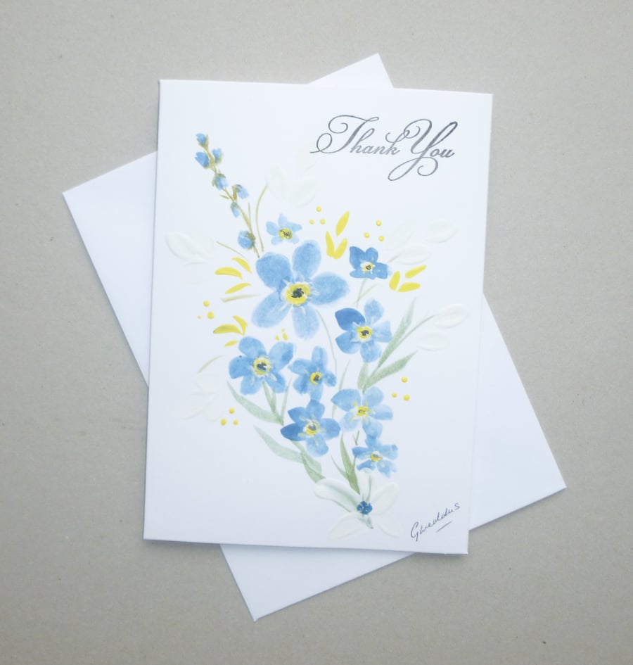 hand painted floral forget me know Thank You card ( ref FA 97 D1 )