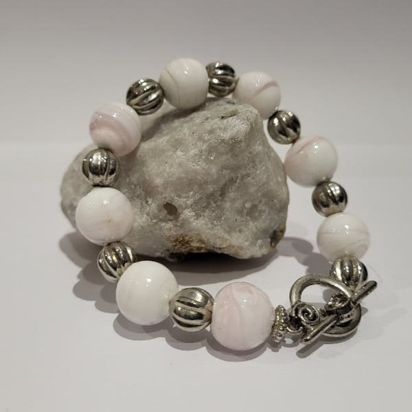 Beaded Bracelet in stunning silver and white with blush pink detailing