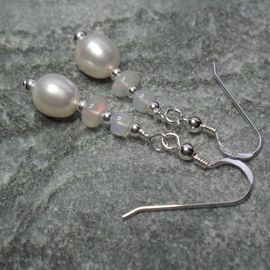 Freshwater Pearls Ethiopian Opal and Sterling Silver Earrings