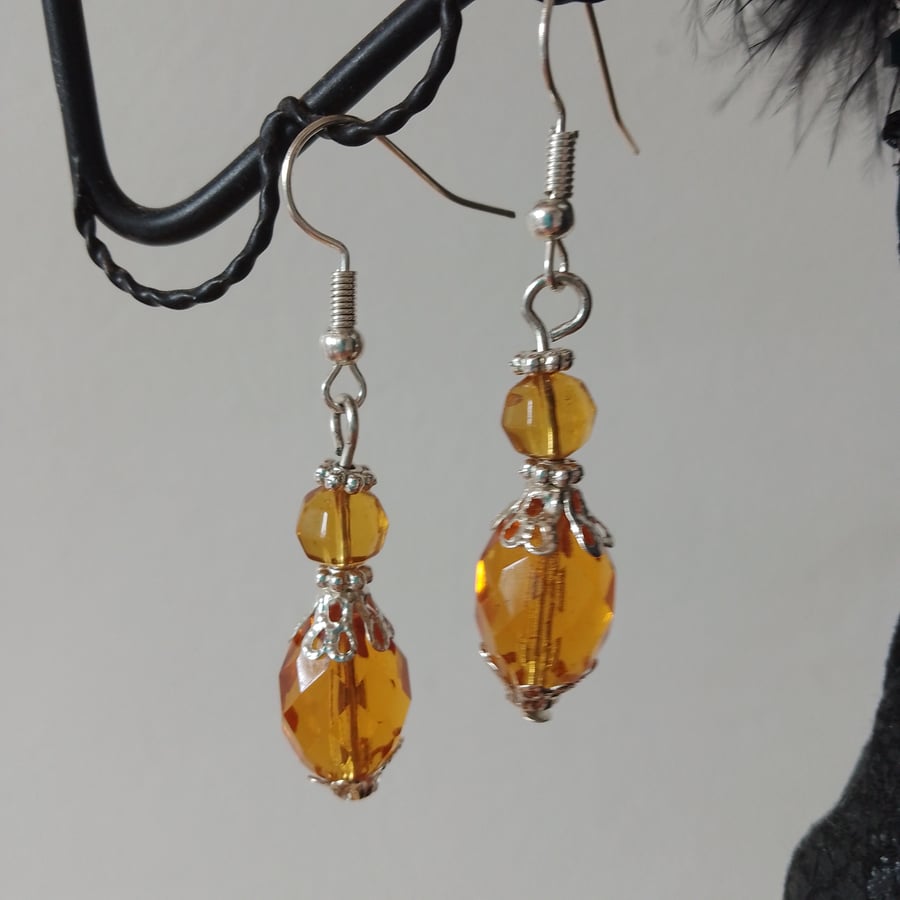 Handmade Amber Glass Bead Dangle Drop Earrings One of Kind