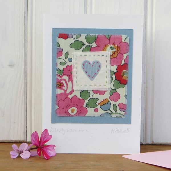 Hand-stitched heart card with cheerful Liberty tana lawn cotton background