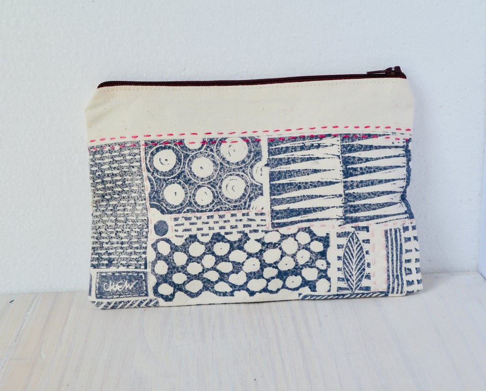 A unique hand printed pouch with hand embroidery made by Linda in Hampshire