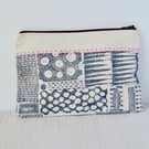A unique hand printed pouch with hand embroidery made by Linda in Hampshire
