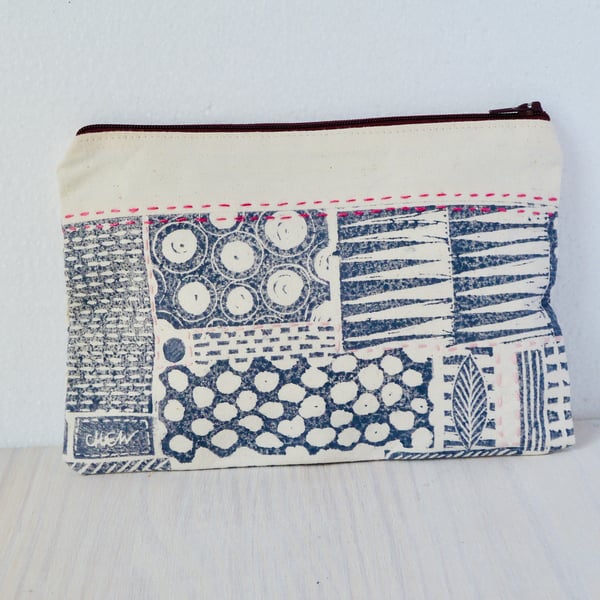 A unique hand printed pouch with hand embroidery made by Linda in Hampshire
