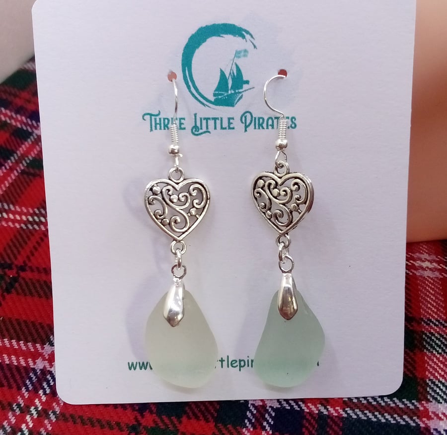 Scottish seaglass earrings with love heart charms