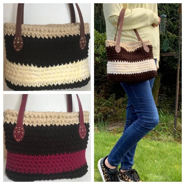 Crocheted Luxury Velvet Wool Handbag Shoulder Bag with Leather Handles