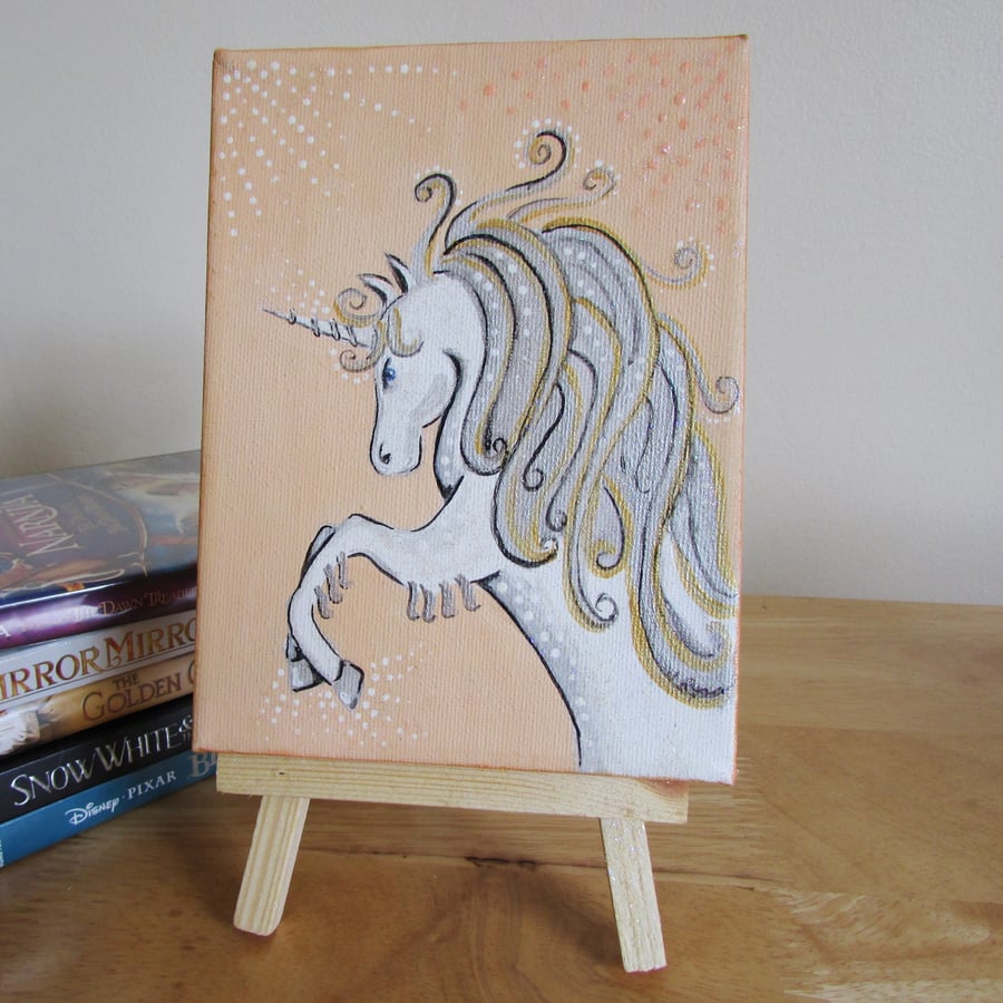 White Fairy tale Unicorn on a Creamy Peachy Background