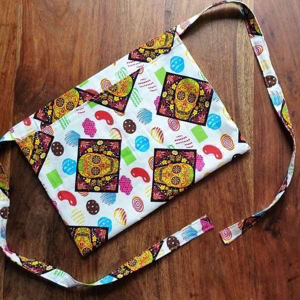 Handmade fabric peg apronpinny wearable peg bag Mexican sugar skulls & candy fab