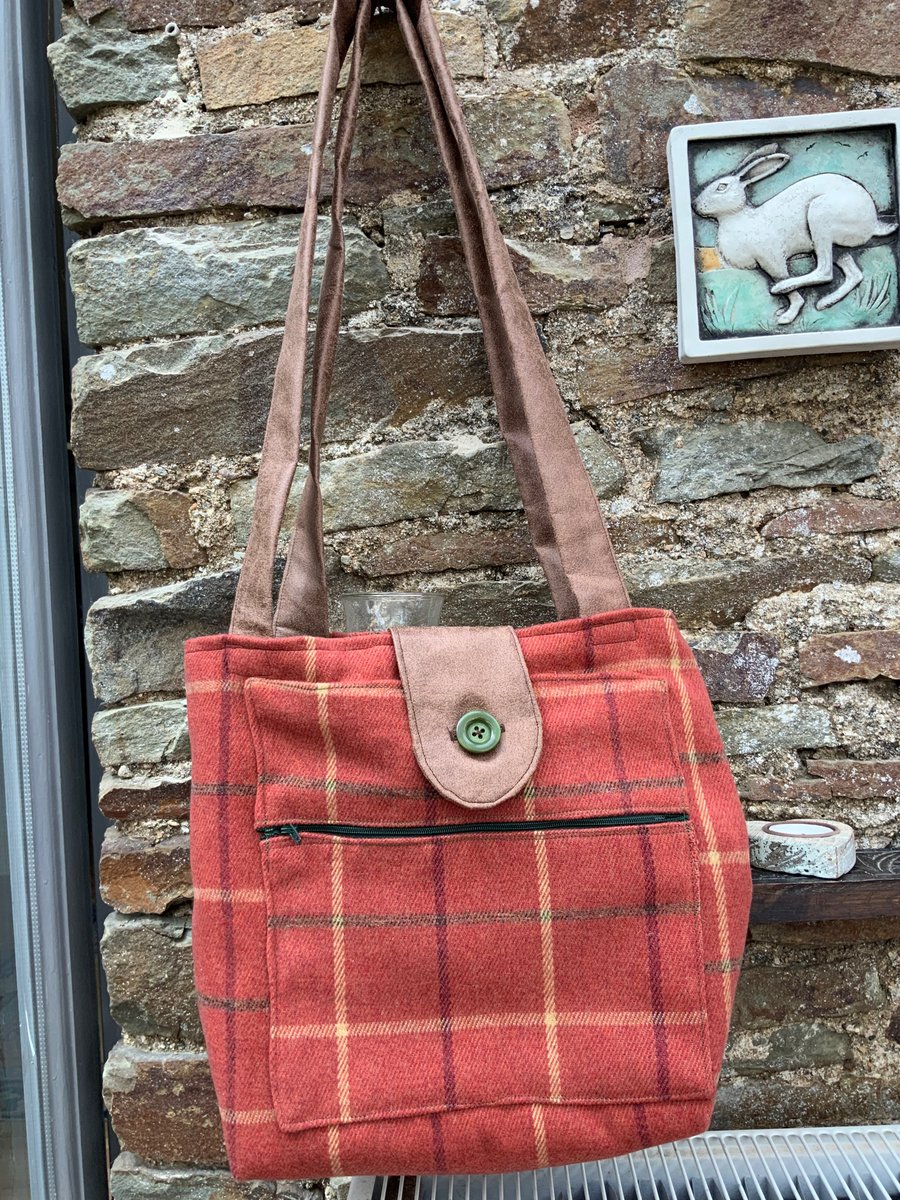 Handbag. Terracotta wool check. Shoulder. 14” by 11”. Pockets. Fully Lined. 
