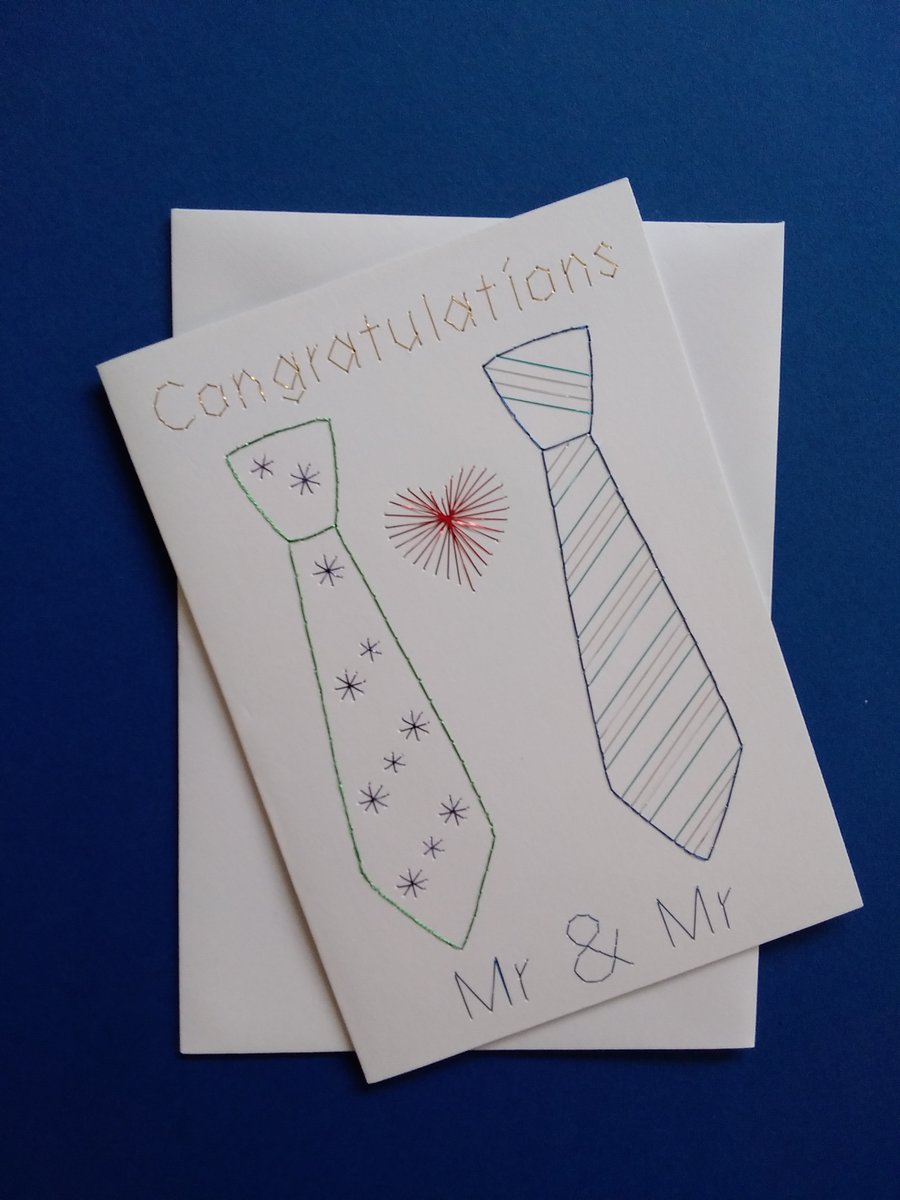 Mr & Mr Wedding - Civil Partnership Card Hand Embroidered.