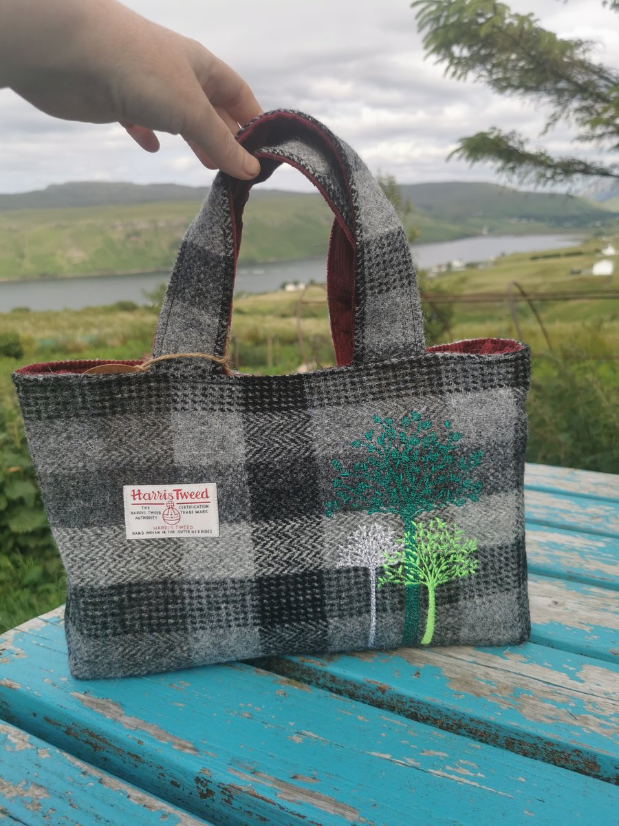 Harris Tweed Handbag with embroidered trees