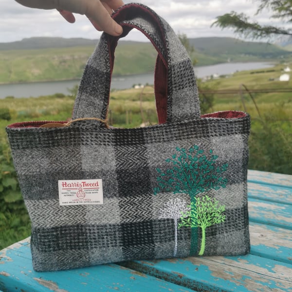 Harris Tweed Handbag with embroidered trees