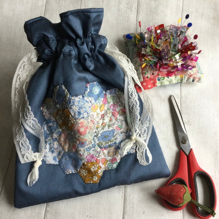 Blue Drawstring Bag with Floral Liberty Fabric Patchwork Decoration