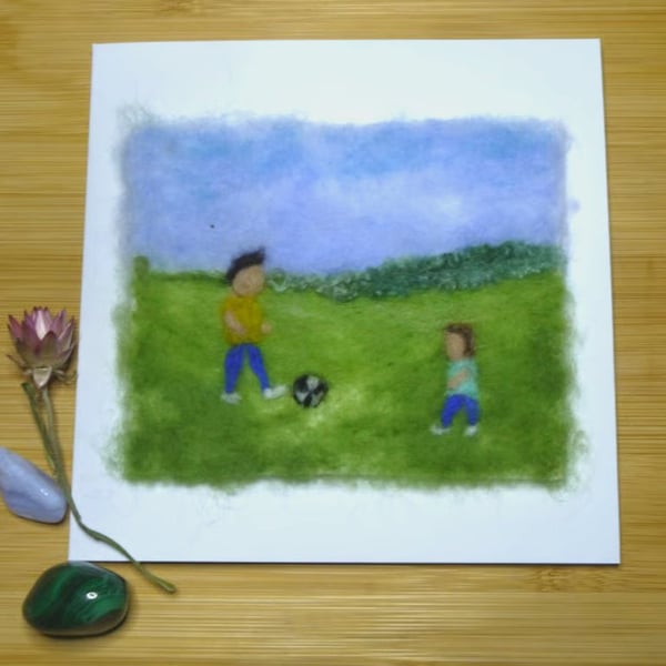 Handmade needle felted Playing football greetings card