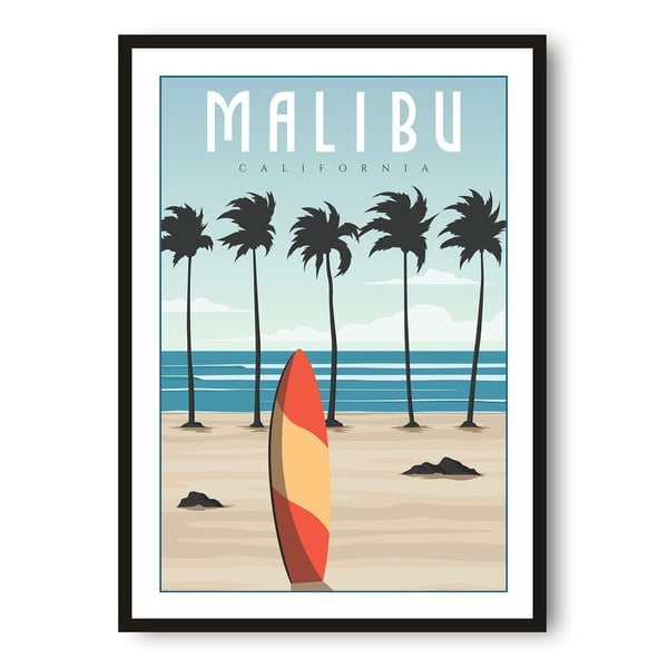 Malibu Travel poster, California Poster Print, Cornwall Wall Art Minimalist, Mal