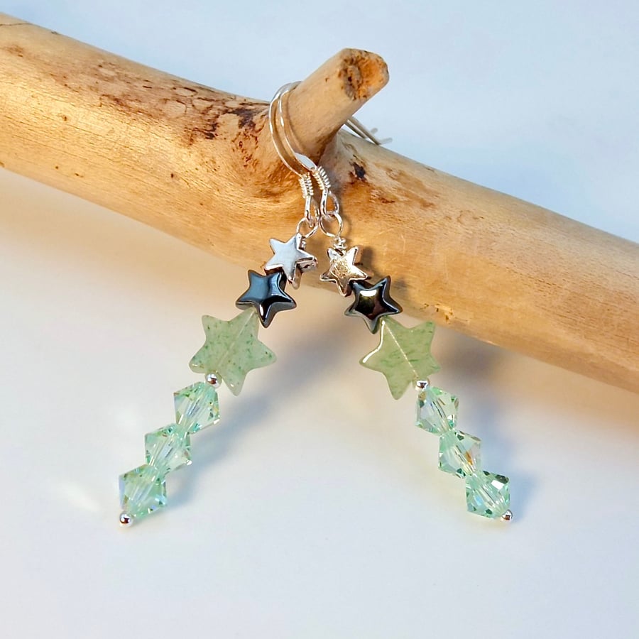 Green Earrings, Stars & Swarovski Crystals, Birthday, Anniversary, Gifts For Her