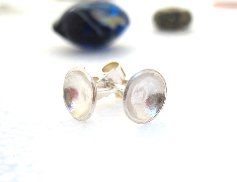 Small Sterling Silver Concave Stud Earrings  - round, pure, dish, Yorkshire 