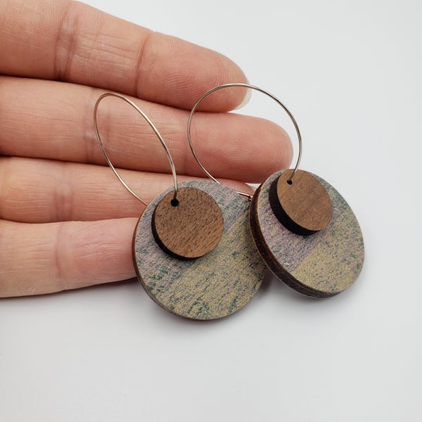Small round printed handmade wooden dangly earrings 