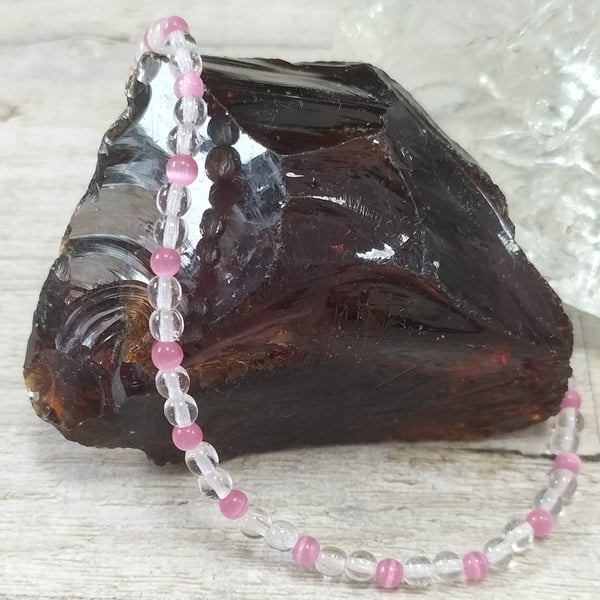 AL81 Pink cats eye beads and quartz anklet 10.5"