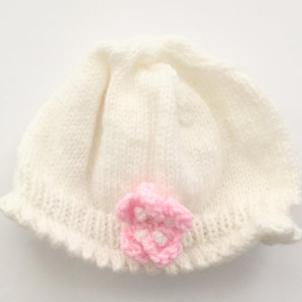 Cute White with Pink Flower Baby Hat 0-6 months - UK Free Post